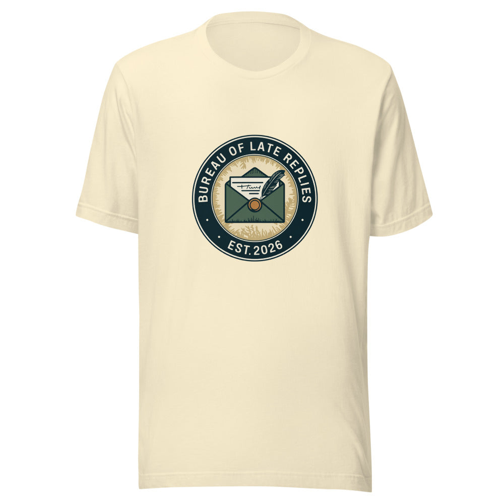 Bureau of Late Replies Tee on Bella+Canvas Natural — front mockup