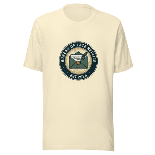 Bureau of Late Replies Tee on Bella+Canvas Natural — front mockup