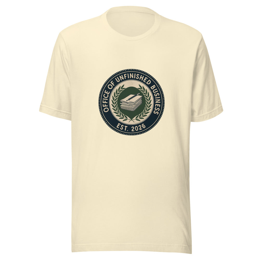 Office of Unfinished Business Tee on Bella+Canvas Natural — front mockup